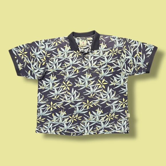 Vintage Thrashed Polo Shirt Sun Faded 80s 90s Leaf Print Distressed Cotton Blue - Picture 1 of 7